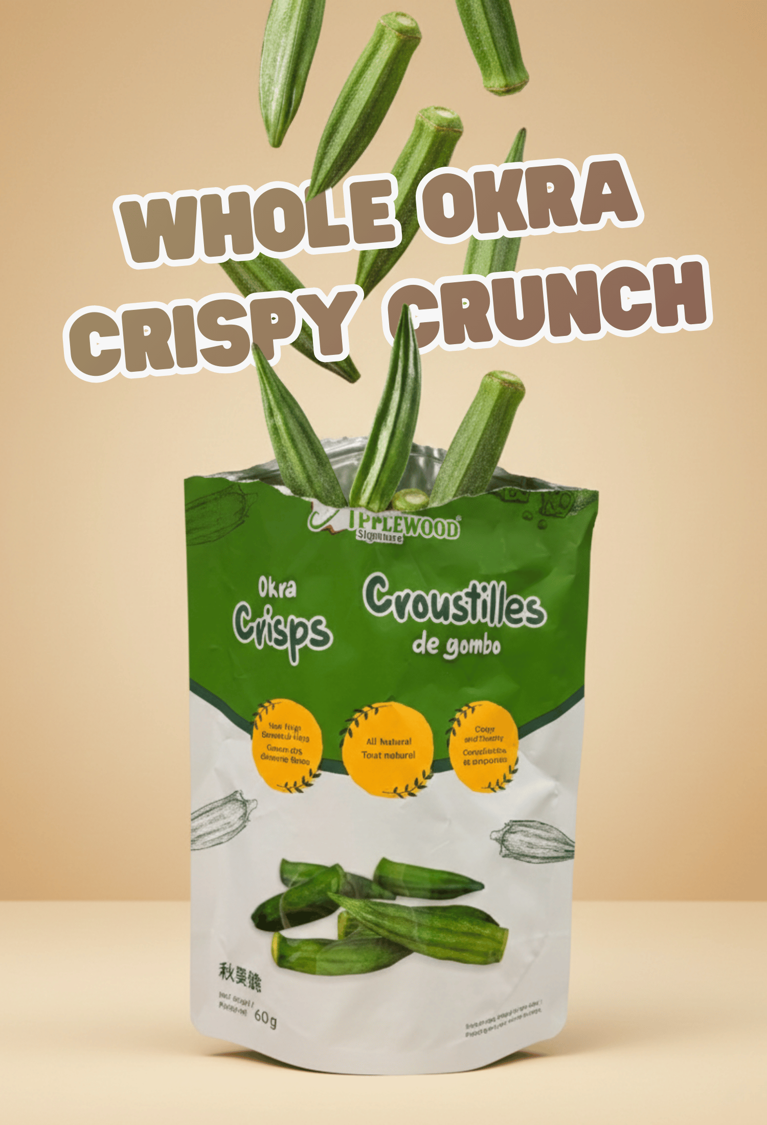 Applewood Signature Okra Crisps in branded resealable pouch