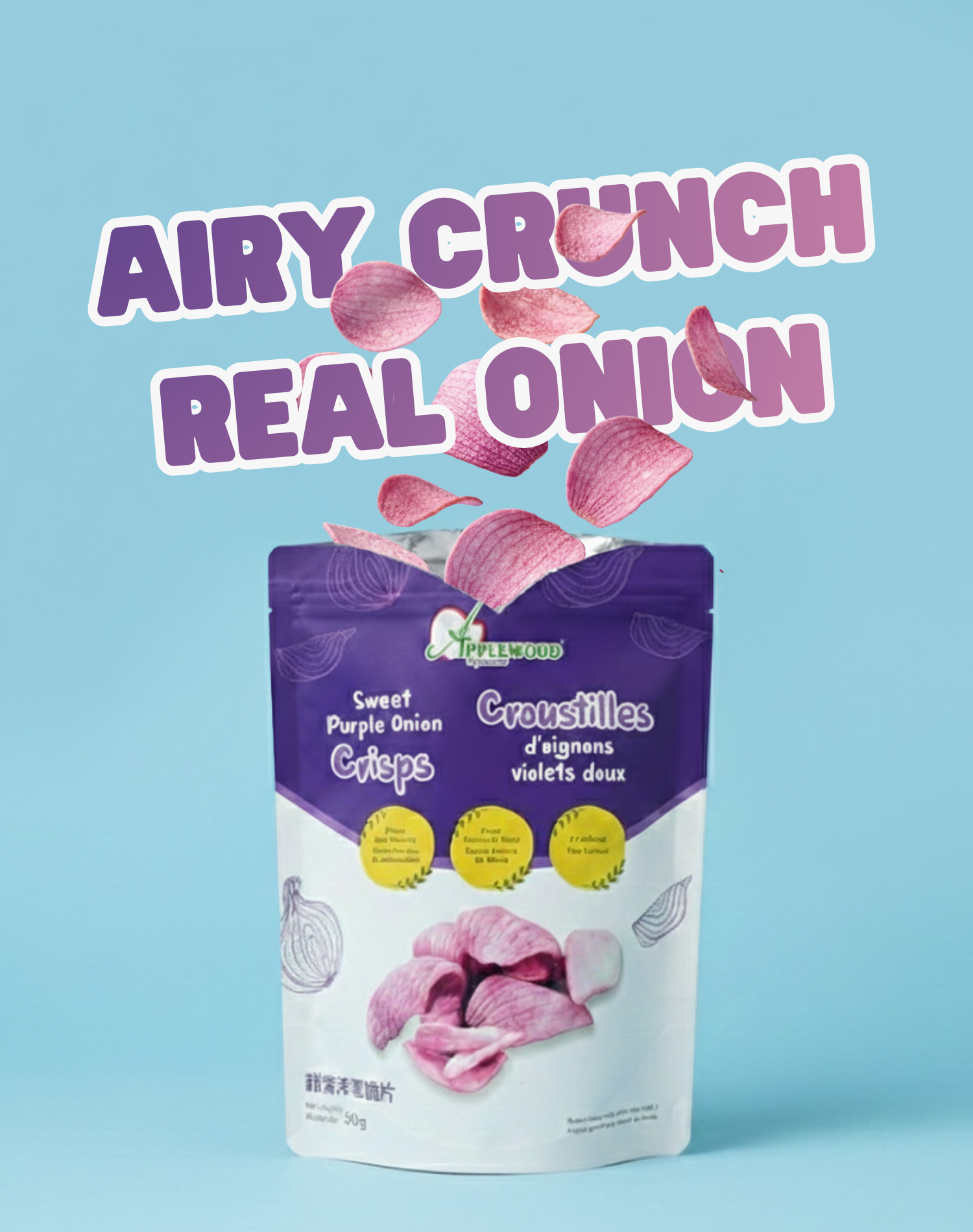 Applewood Signature Purple Onion Crisps in branded resealable pouch