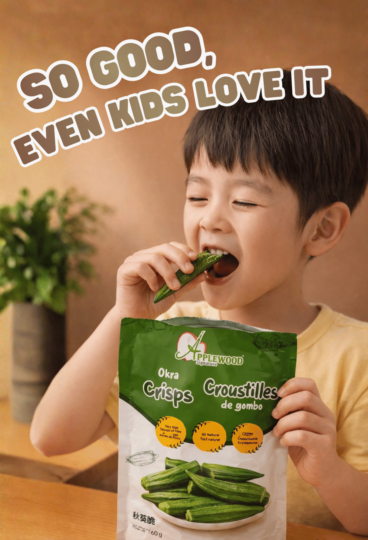 Applewood Signature Okra Crisps in branded resealable pouch