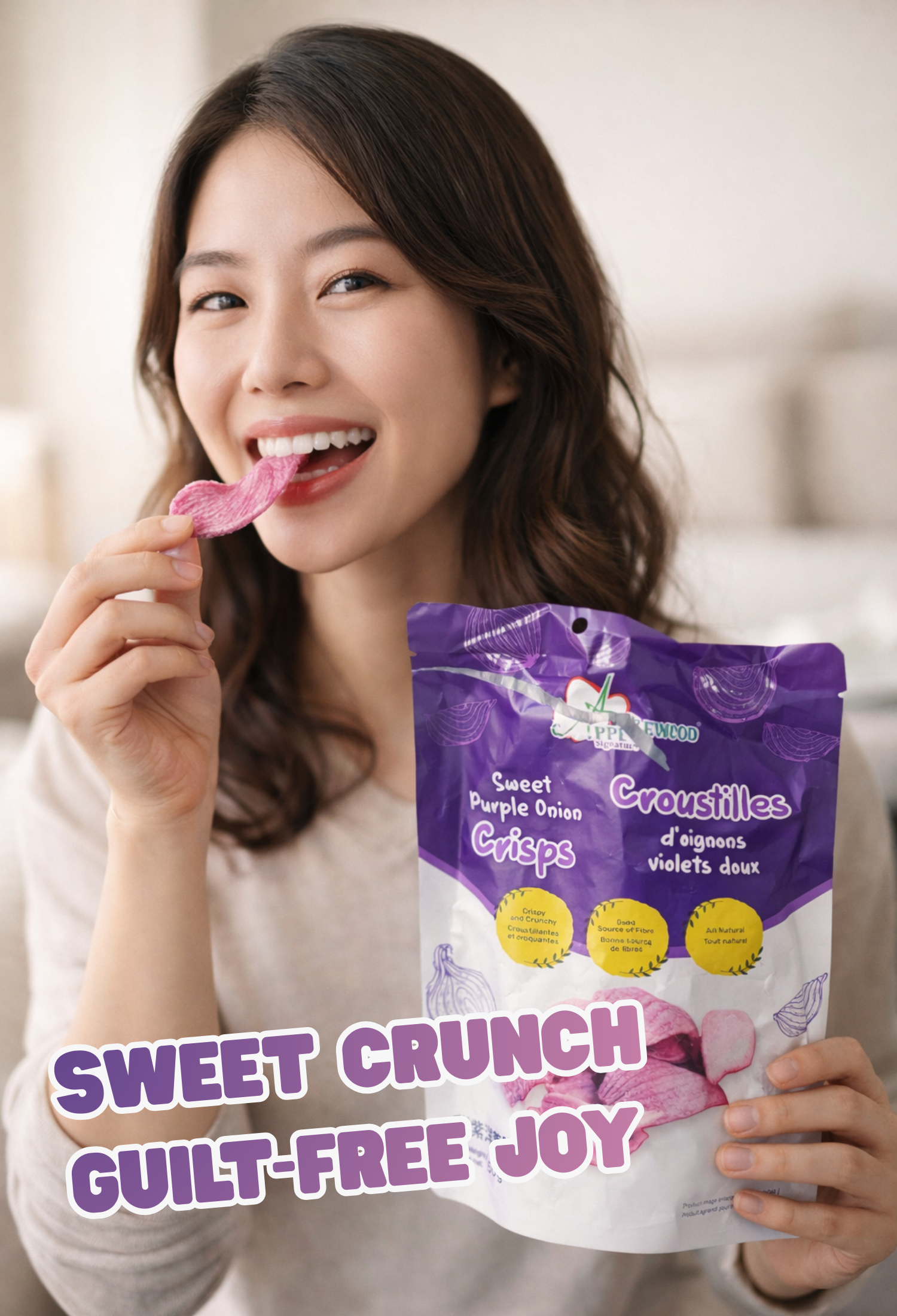 Applewood Signature Purple Onion Crisps in branded resealable pouch