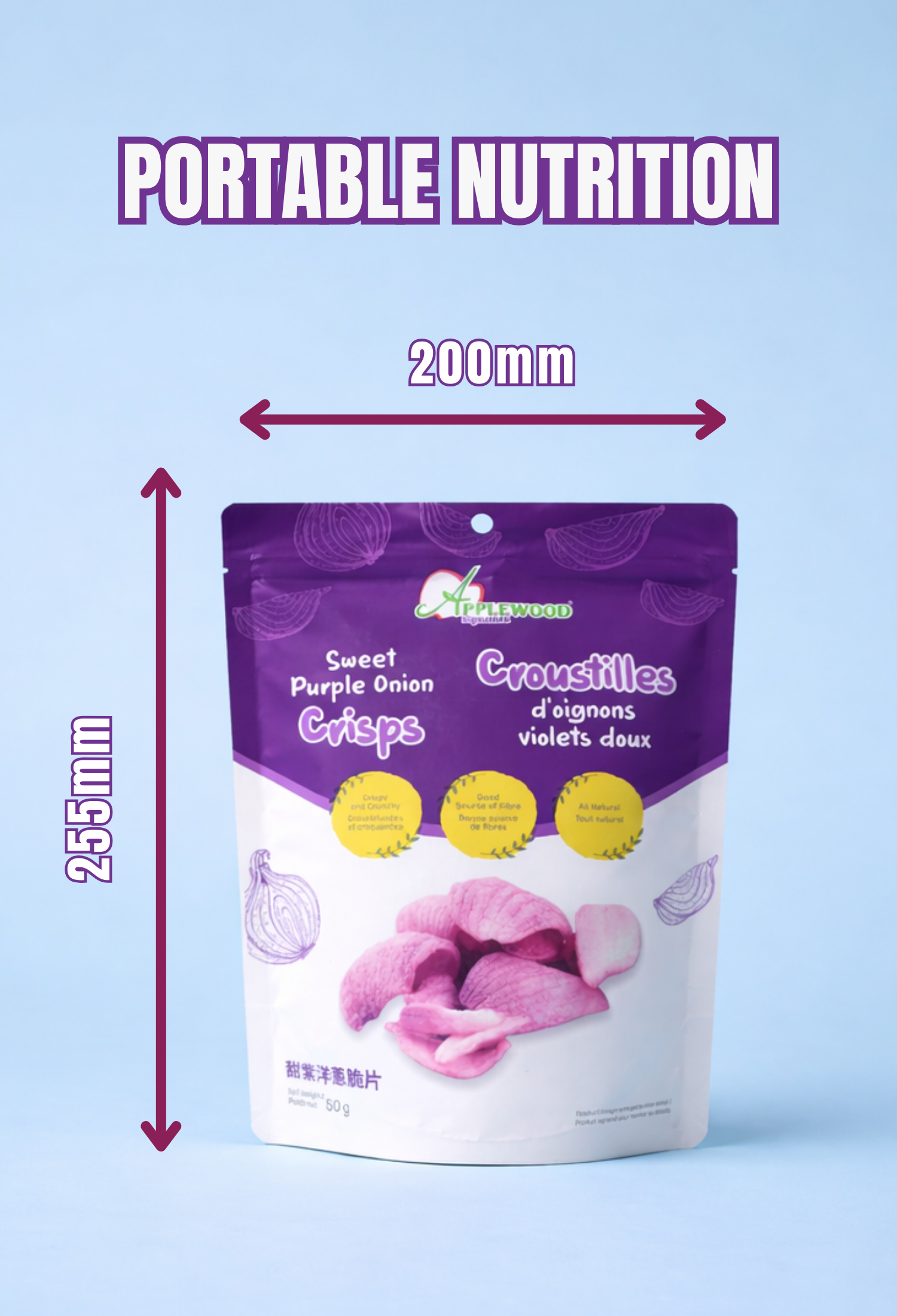 Applewood Signature Purple Onion Crisps in branded resealable pouch