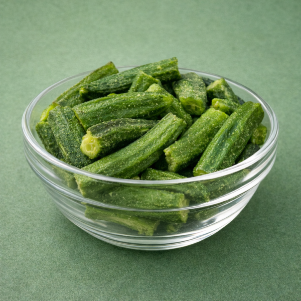 Crispy okra slices served in a small glass bowl on a neutral background