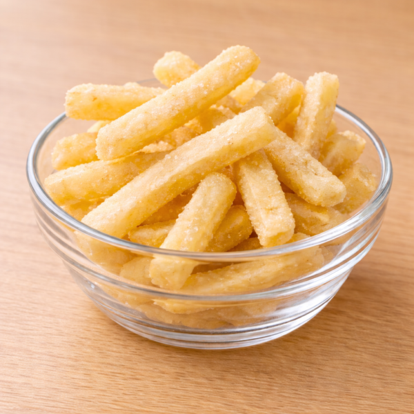 Crispy potato sticks served in a small glass bowl on a neutral background
